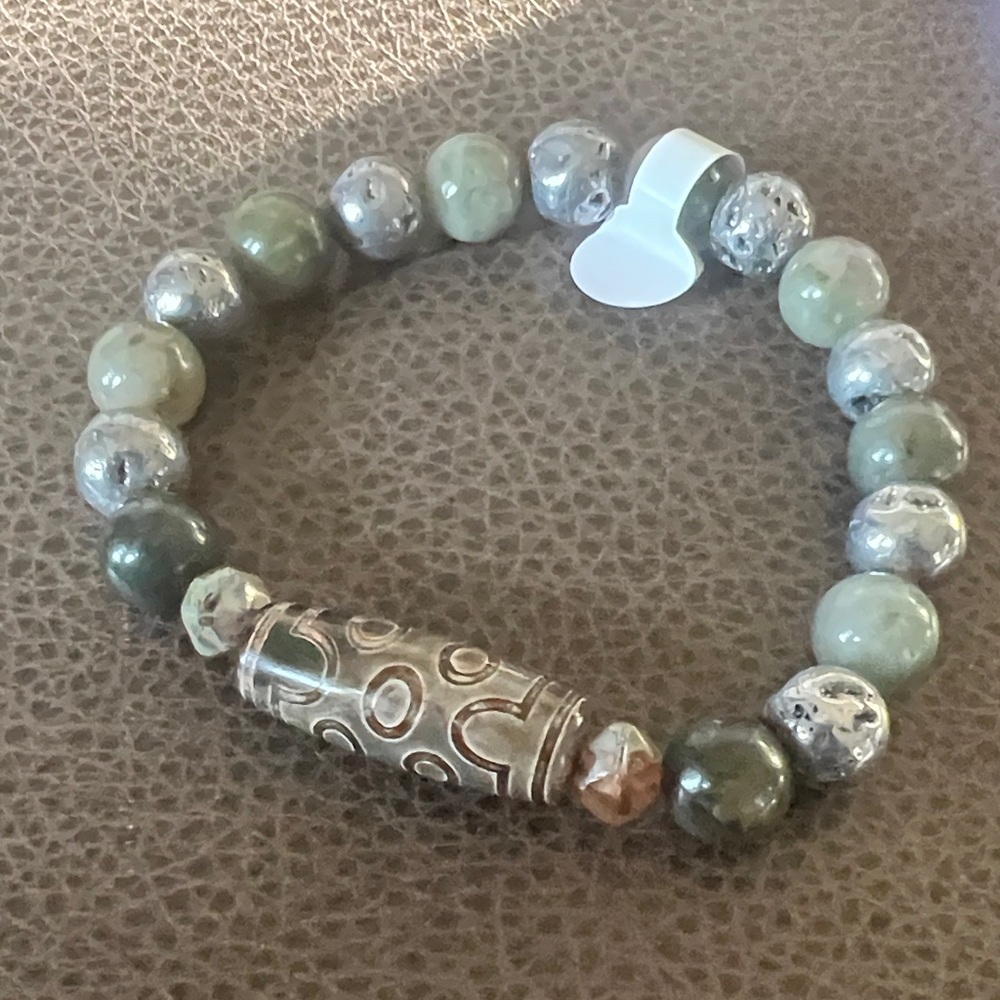 Beaded Bracelet made by Bauxed In with Silver and Green Accents